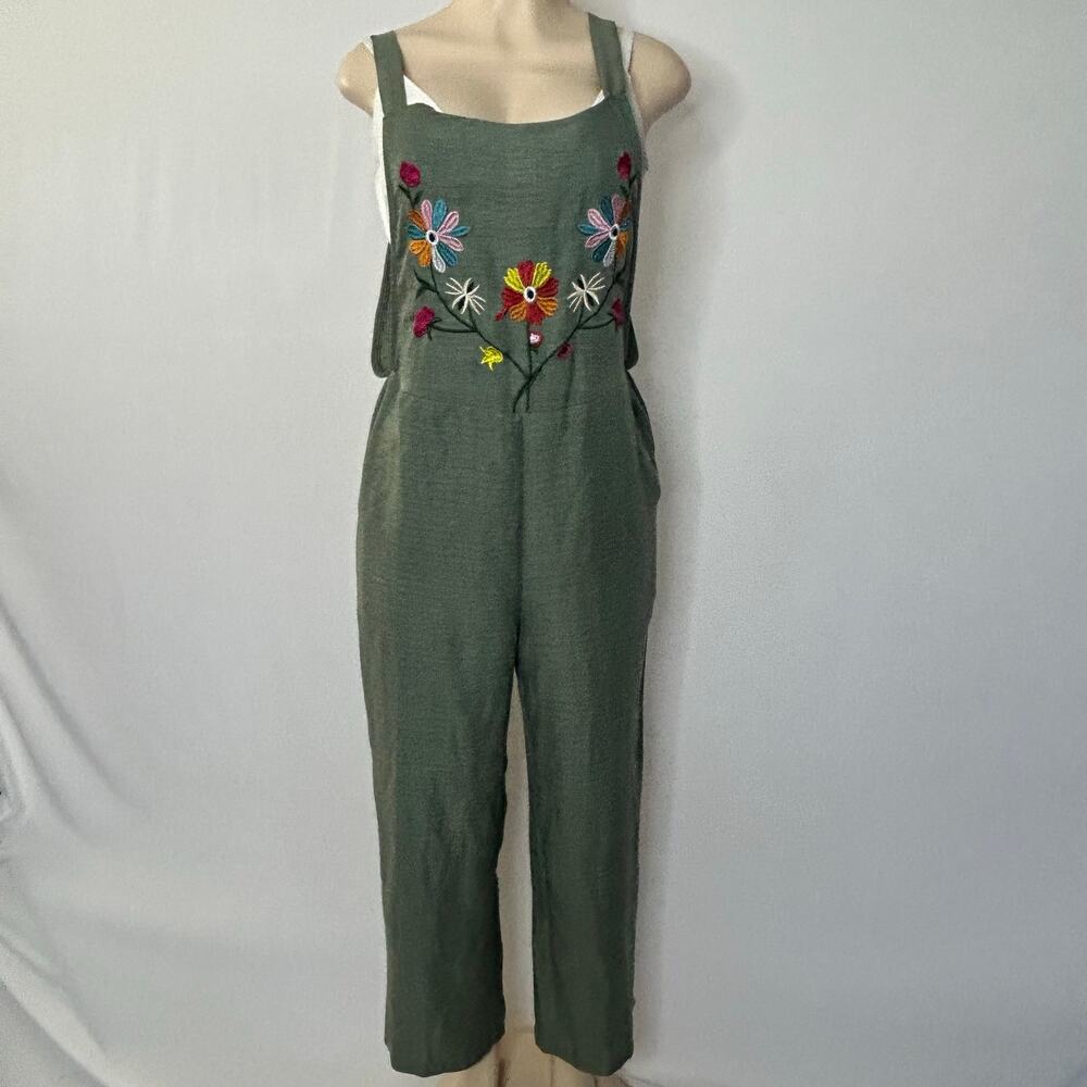Unbranded Olive Green Floral Embroidered Wide Leg Jumpsuit Women’s M (Estimated)